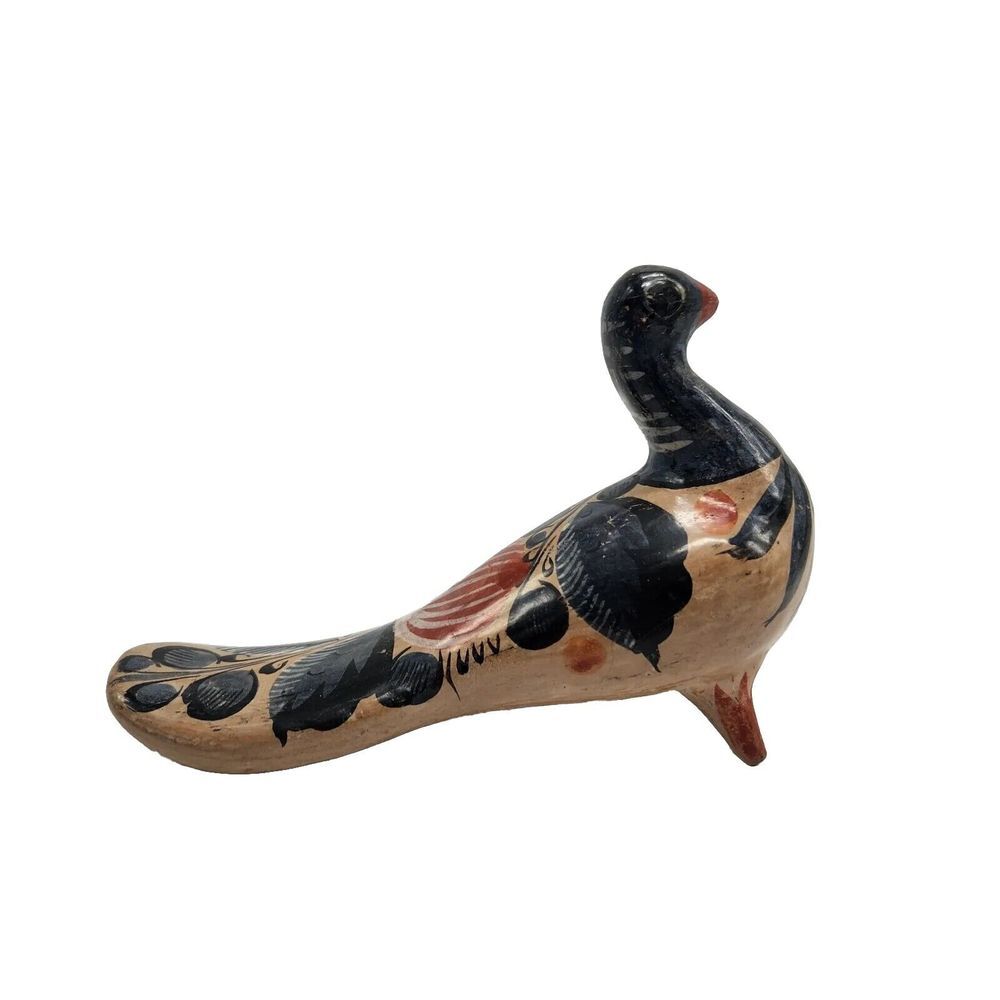 Vtg Mexican‎ Tonala Folk Art Pottery Hand Painted Bird Dove Quail Peacock